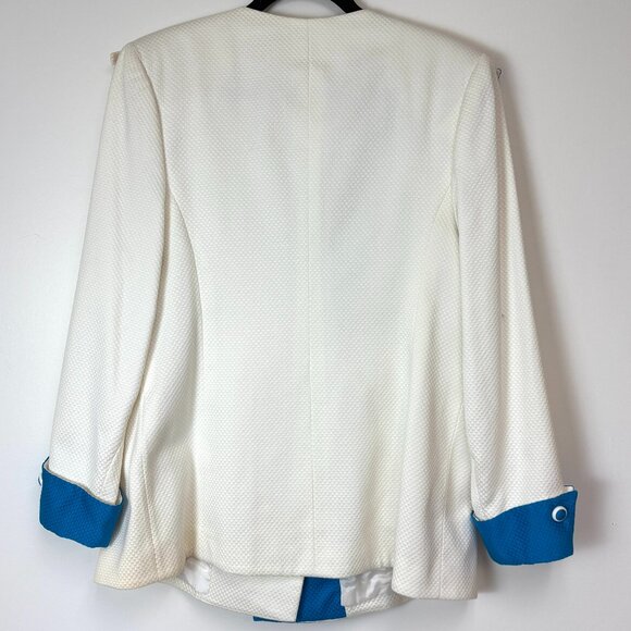 Women’s White & Blue Geometric Power Suit W/Jacket & 2 Skirts - Picture 6 of 16